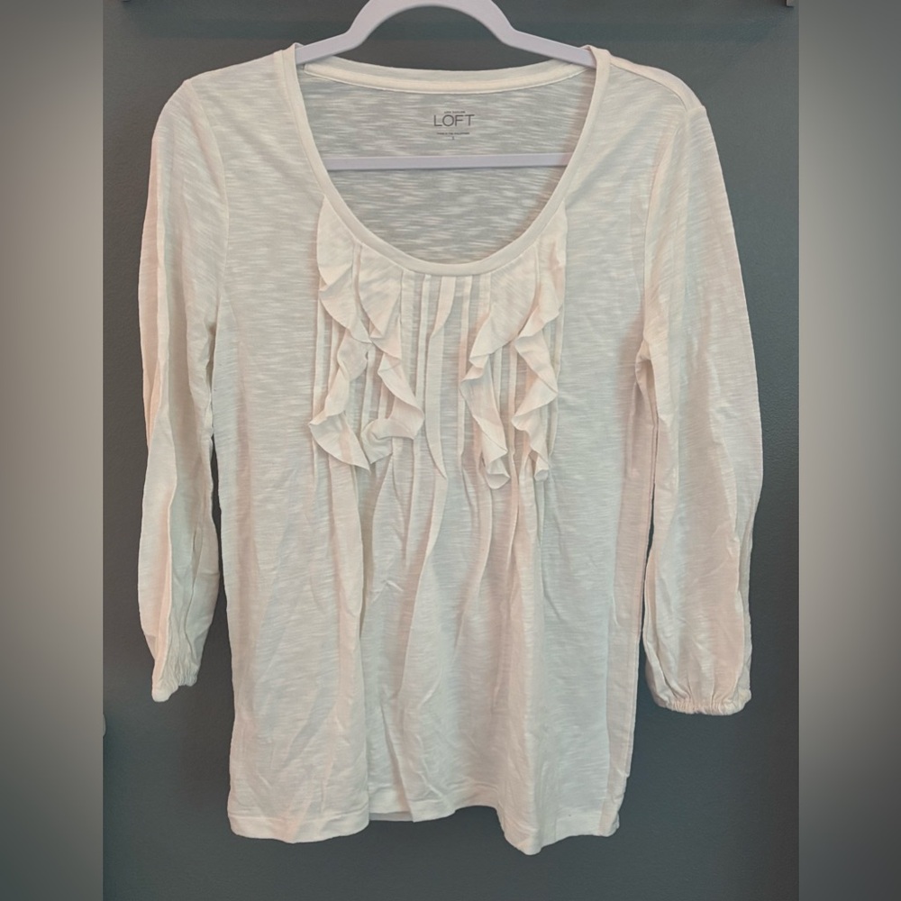 Ann Taylor LOFT Women's White Ruffle Front Scoop Neck Blouse